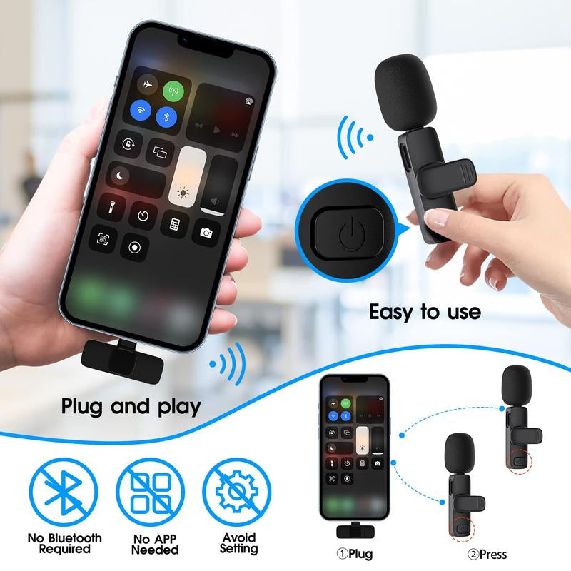 2 Pack Professional Wireless Mini Microphone for Iphone, Ipad Iphone 15, Ios and Android Devices, Professional Microphone for Video Recording, Vlog,Live Streaming